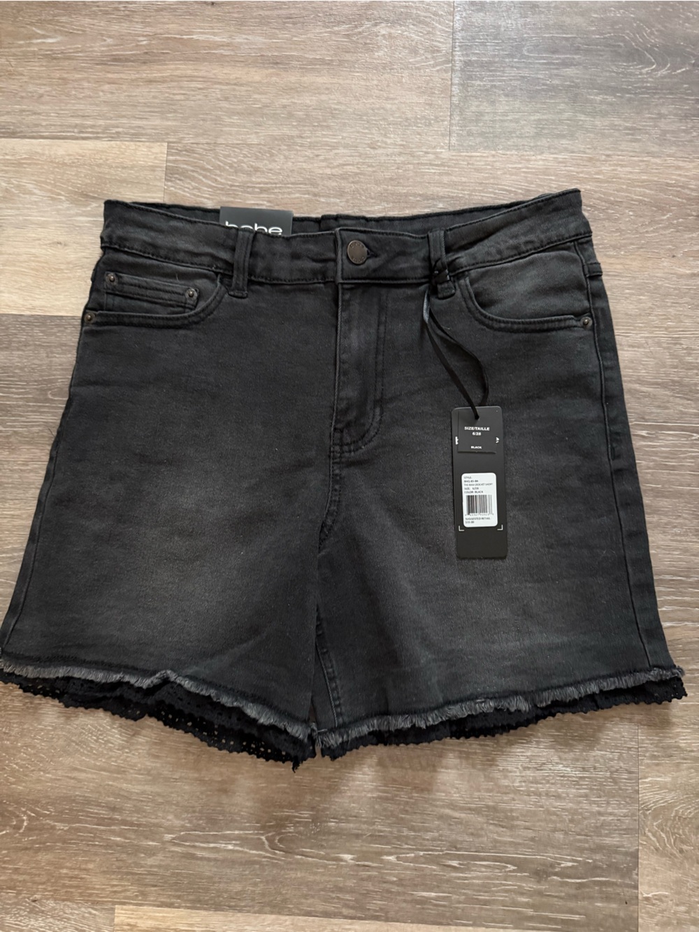 bebe Black High-Rise Denim Shorts with Lace Hem